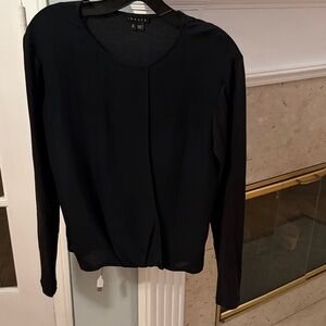 Theory Deep Forest Green Mixed Media Long Sleeve Blouse